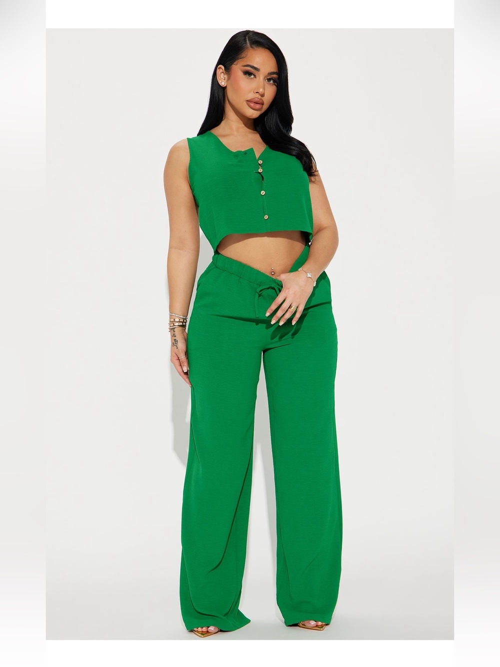 Sleeveless Crop Top & Wide-Leg Pants Set - Green - Picture 1 of 3